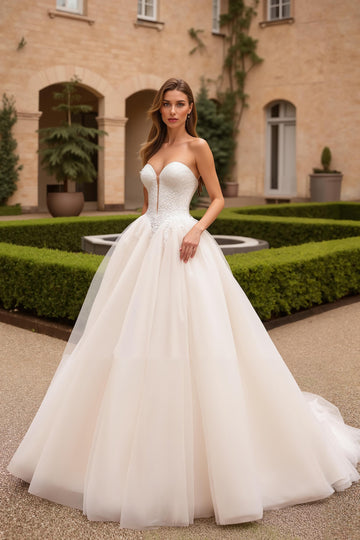 A-Line Ivory Strapless V-Neck Court Train Wedding Dress
